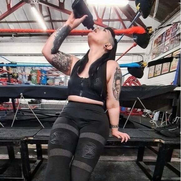 Killstar ✦ Hellbound Leggings ✦ Black Cotton Blend Mesh Inserts Statement Print - Picture 3 of 8